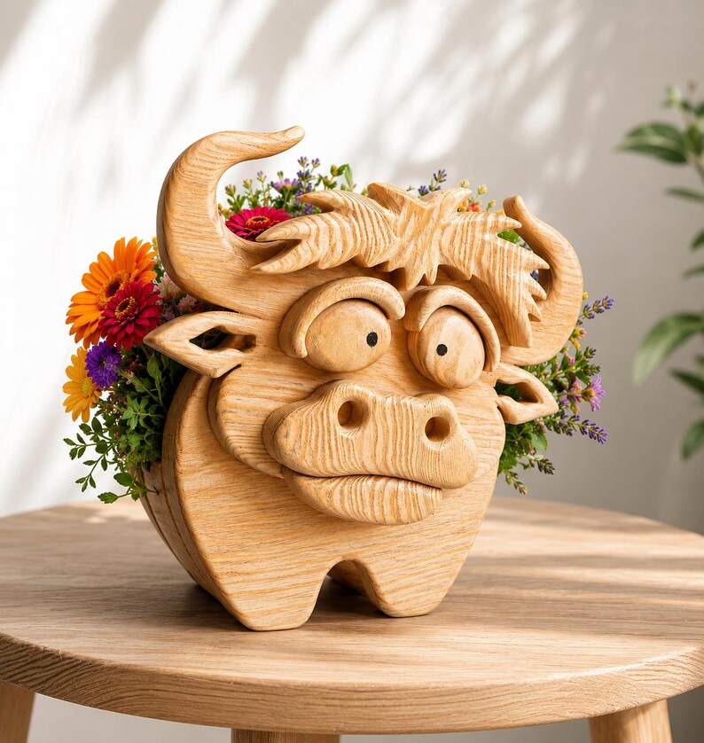 May include: A whimsical wooden bull planter filled with colorful flowers. The handcrafted planter features a cartoonish bull face with large eyes, horns, and a textured mane. The planter is filled with vibrant orange, red, purple, and yellow flowers, creating a cheerful display.