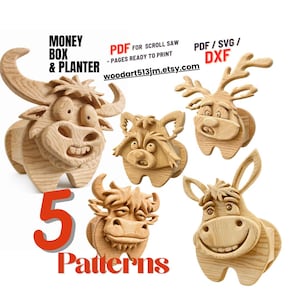Puede incluir: Cinco patrones de animales de madera para proyectos de sierra de calar. Los patrones incluyen un toro, un mapache, un reno, un burro y otro toro. El texto "MONEY BOX & PLANTER" y "woodart513jm.etsy.com" son visibles.