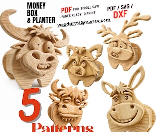 Salvadanaio/fioriera in legno a forma di animale / Piani digitali / Sega a traforo (PDF/SVG/DXF) set 19