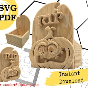 May include: Wooden Halloween-themed box and tombstone with a carved pumpkin face and the word "RIP". The box is rectangular and the tombstone has a broken top. The image also includes the text "SVG PDF" and "Instant Download".