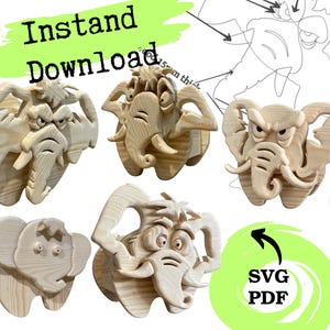 Puede incluir: Una colección de tallas de elefantes de madera con diversas expresiones. Las tallas son de color claro y parecen inacabadas. La imagen incluye el texto "Instand Download" y "SVG PDF".