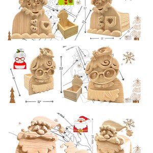 May include: A set of three unfinished light-colored wooden organizers shaped like Mrs. Claus and Santa Claus. The organizers feature carved facial details, glasses, and heart or beard accents. Technical diagrams show dimensions in cm and inches.