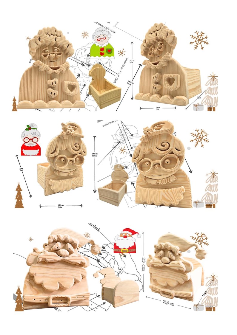 May include: A set of three unfinished light-colored wooden organizers shaped like Mrs. Claus and Santa Claus. The organizers feature carved facial details, glasses, and heart or beard accents. Technical diagrams show dimensions in cm and inches.