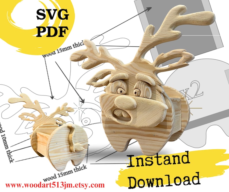 May include: A light-colored wooden reindeer figurine with large antlers and a cartoonish expression, shown alongside technical line drawings and text labels indicating wood 15mm thick and wood 10mm thick, with SVG PDF and Instand Download text.