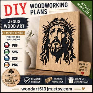 Könnte beinhalten: Digitale Holzbearbeitungspläne für ein geschichtetes Jesus-Holzkunstdesign. Die Datei enthält PDF-, SVG-, DXF- und PNG-Formate für Laubsäge- oder Laserschnitte. Die Grafik zeigt ein stilisiertes Porträt von Jesus mit einer Dornenkrone.