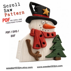 May include: A wooden snowman scroll saw pattern. The snowman has a black top hat with a yellow star, an orange carrot nose, and a red scarf. The text "Scroll Saw Pattern PDF" is visible.