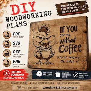 Pacote de arquivos SVG com desenho de galinha brava e café | Design para gravação a laser CNC | Padrão para tábua de corte | Arquivos PNG, DXF e PDF | Decoração de cozinha estilo fazenda