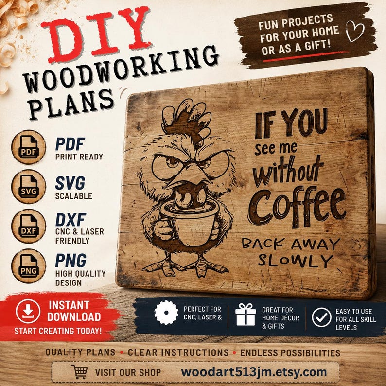 Rolig arg kycklingkaffe SvG-paket | CNC-lasergraveringsdesign | Skärbrädesmönster | PNG DXF PDF-filer | Köksinredning i lantlig stil bild 1