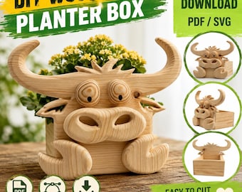 Bull Planter Box Scroll Saw Pattern | Woodworking Home and Garden Decor (PDF, SVG)