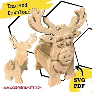 Patrón para sierra de calar de maceta con forma de reno, bricolaje en madera (PDF, SVG)