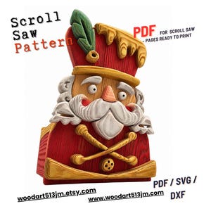 May include: A wooden scroll saw pattern of a nutcracker soldier. The nutcracker has a red coat, a white beard, and a tall hat with a green feather. The image includes the text "Scroll Saw Pattern" and "PDF for Scroll Saw - Pages Ready to Print."