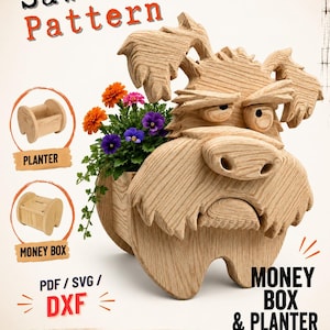 Peut inclure: Un modèle de découpe à la scie à chantourner en bois pour un pot de fleurs et une tirelire en forme de chien. L'image contient le texte Scroll Saw Pattern, PDF, SVG, DXF, et Money Box & Planter. Un chien en bois contient des fleurs colorées.