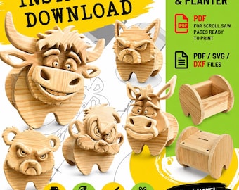 May include: A digital collection of wooden animal-shaped money box and planter patterns. Includes designs for a highland cow, bulldog, bear, and donkey. Text includes INSTANT DOWNLOAD, MONEY BOX & PLANTER, PDF FOR SCROLL SAW, and PDF / SVG / DXF FILES.