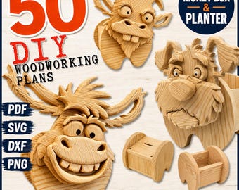 50 DIY Woodworking Plans Bundle | Animal Planter & Money Box Patterns | PDF SvG DXF PnG | Scroll Saw CnC Laser Files | Digital Download