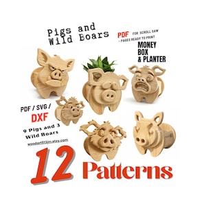 Op de afbeelding: Een verzameling van 12 houten patronen van varkens en wilde zwijnen voor decoupeerzaagprojecten. De ontwerpen omvatten spaarpotten, plantenbakken en diverse varkens- en zwijnenfiguren. De tekst luidt "Pigs and Wild Boars" en "12 Patterns".