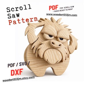 May include: A wooden scroll saw pattern for a dog with a grumpy expression. The dog has detailed fur and facial features. The image includes text that says "Scroll Saw Pattern" and "PDF for Scroll Saw".