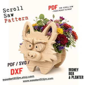 May include: A wooden scroll saw pattern for a money box and planter, shaped like a cartoon wolf. The planter is filled with colorful flowers. Text on the image includes "Scroll Saw Pattern", "PDF", "PDF/SVG/DXF", and website addresses.