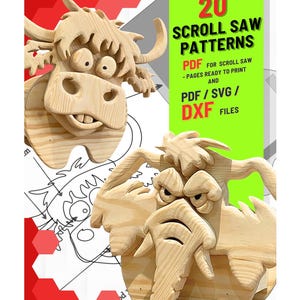 May include: Image of wooden scroll saw patterns, including a cartoon bull and elephant. The image includes the text "20 Scroll Saw Patterns" and file formats: PDF, SVG, and DXF. The patterns are ready to print for scroll saw projects.