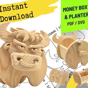 Skrzynka na doniczkę z drewna | Skarbonka | Wzór na wyrzynarkę – Prosty wzór byka do wyjątkowej dekoracji domu i ogrodu