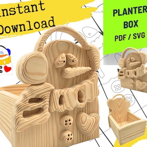 May include: A wooden planter box featuring a snowman design with earmuffs, a scarf, and two buttons. The text reads Instant Download and PLANTER BOX PDF / SVG. The snowman has a carrot-shaped nose and a heart-shaped accent on the front panel.