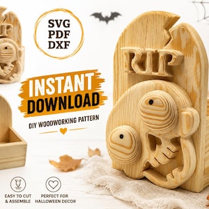 May include: A light-colored wooden desk organizer shaped like a tombstone with a carved skull and the text RIP. The design includes a square storage compartment. The image displays text including SVG, PDF, DXF, and INSTANT DOWNLOAD.