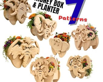 7 patronen voor olifantenplantenbak figuurzaag: 7 houtbewerkingsplannen (pdf, SVG, DXF)