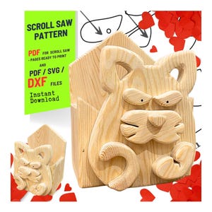 Valentine's Cat Planter Box Scroll Saw Pattern (PDF, SVG, DXF)