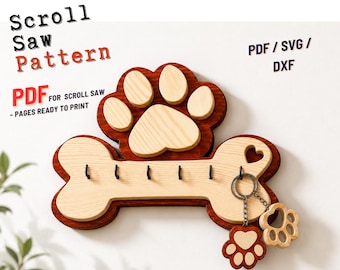Patrón de llavero con huella de perro para sierra de calar / PDF SVG DXF / Regalo para amantes de los perros / Plano de llavero de madera / Archivo de corte láser CNC / Descarga digital