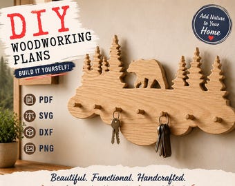 Bear Forest Key Holder DIY Plans | Scroll Saw Pattern | PDF SvG DXF PnG | Rustic Wooden Key Rack | Laser CnC Files | Woodland Home Decor