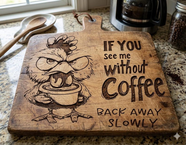 Rolig arg kycklingkaffe SvG-paket | CNC-lasergraveringsdesign | Skärbrädesmönster | PNG DXF PDF-filer | Köksinredning i lantlig stil bild 5