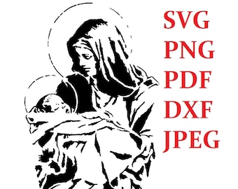 Virgin Mary and Child Jesus SVG, pdf, png, dxf, jpeg, stencil, scroll saw pattern