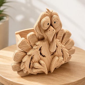 Puede incluir: Una maceta de madera con forma de pavo y diseño tallado. El pavo tiene ojos grandes y redondos y un diseño detallado de plumas. La maceta es de madera clara y está sobre una pequeña mesa de madera.