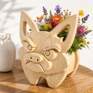 K&ouml;nnte beinhalten: Ein holzgeschnitzter Hundeblumentopf mit grimmigem Gesichtsausdruck. Der hellfarbene Blumentopf aus Holz ist mit bunten Blumen gef&uuml;llt, darunter orange, gelbe, violette und rosa Bl&uuml;ten. Der Topf steht auf einem Holztisch.
