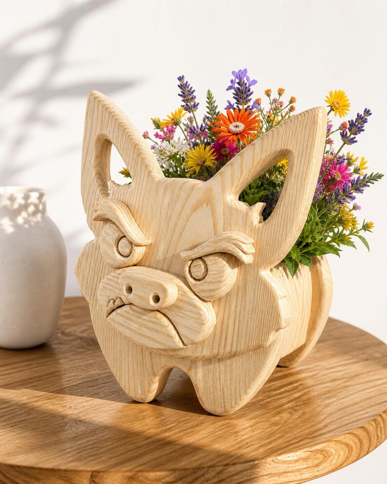 K&ouml;nnte beinhalten: Ein holzgeschnitzter Hundeblumentopf mit grimmigem Gesichtsausdruck. Der hellfarbene Blumentopf aus Holz ist mit bunten Blumen gef&uuml;llt, darunter orange, gelbe, violette und rosa Bl&uuml;ten. Der Topf steht auf einem Holztisch.