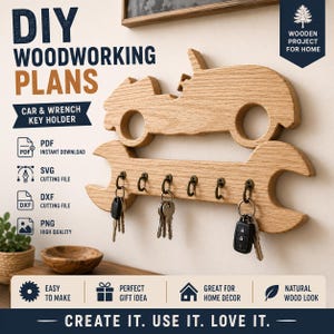 May include: A light-colored wooden wall-mounted key holder shaped like a car positioned above a wrench. The wrench features six dark metal hooks, with three sets of keys hanging from them. Text on the image includes DIY WOODWORKING PLANS.