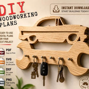 May include: A wooden wall-mounted key holder shaped like a classic car silhouette resting on a large wrench. The design features six metal hooks for hanging keys. Text includes DIY WOODWORKING PLANS, INSTANT DOWNLOAD, START BUILDING TODAY, PDF, SVG, DXF, PNG.