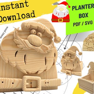 May include: A wooden Santa Claus planter box design featuring a carved face with a hat and belt buckle. The text reads Instant Download and PLANTER BOX PDF / SVG. A note indicates the wood is 10mm or 3/8 inches thick. The image shows multiple views.