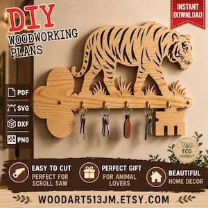 May include: A light-colored wooden key-shaped wall hook rack featuring a laser-cut tiger silhouette walking through grass. The rack includes five metal hooks for hanging keys, with one hook holding a small brown tag. Text includes DIY WOODWORKING PLANS.