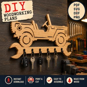May include: A wooden wall-mounted key holder shaped like an off-road vehicle with a star emblem, featuring a large wrench base with six black metal hooks holding various keys. The text DIY WOODWORKING PLANS and PDF SVG DXF PNG are visible.