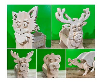 Animal Planter Scroll Saw Patterns: Deer, Cat, Dog, Dragon, Reindeer (PDF & SVG Digital Download)