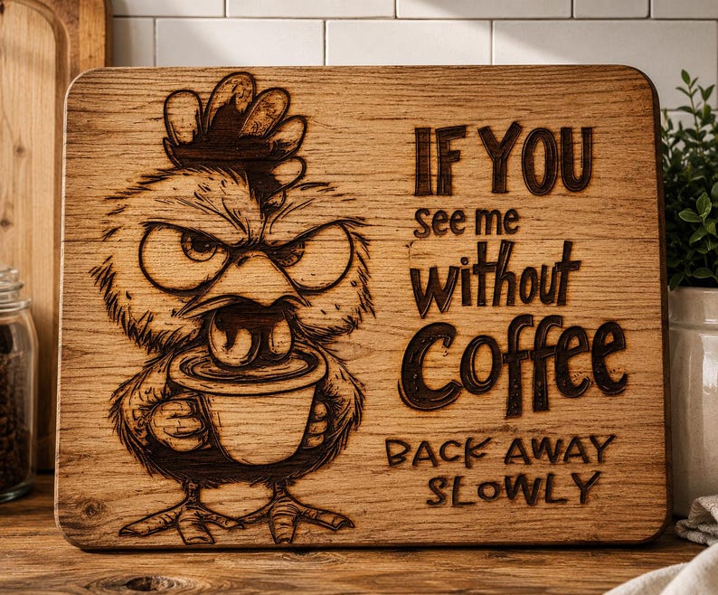 Rolig arg kycklingkaffe SvG-paket | CNC-lasergraveringsdesign | Skärbrädesmönster | PNG DXF PDF-filer | Köksinredning i lantlig stil bild 12