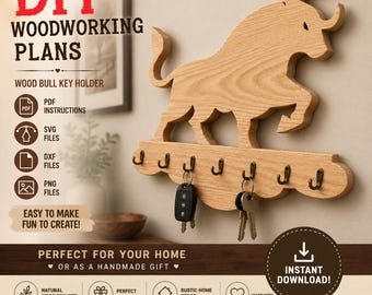 Projeto de Porta-Chaves em Madeira com Tema de Touro | Molde para Porta-Chaves de Madeira Faça Você Mesmo | Arquivos PDF, SVG, DXF e PNG | Organizador de Parede Estilo Fazenda | Projeto para Serra de Recortes e CNC