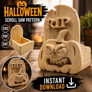Planos para fabricar una caja de calabazas de Halloween en madera / Patrón para sierra de calar (PDF y SVG)