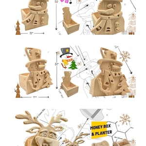 May include: A collection of natural wood decorative items including snowman-shaped containers and a reindeer-shaped money box and planter. The items feature visible wood grain, 15mm thickness, and dimensions labeled in inches and centimeters.