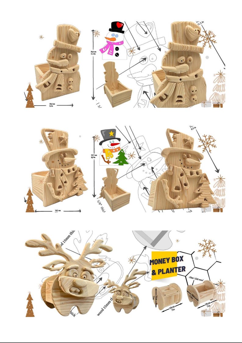 May include: A collection of natural wood decorative items including snowman-shaped containers and a reindeer-shaped money box and planter. The items feature visible wood grain, 15mm thickness, and dimensions labeled in inches and centimeters.