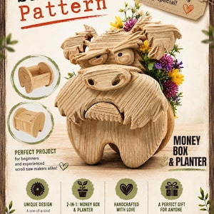 Pode incluir: Um padrão de serra de recorte para um mealheiro e floreira de madeira em forma de cão. O design apresenta um acabamento de grão de madeira texturizado, uma expressão facial rabugenta e espaço para flores. Inclui o texto: Scroll Saw Pattern.
