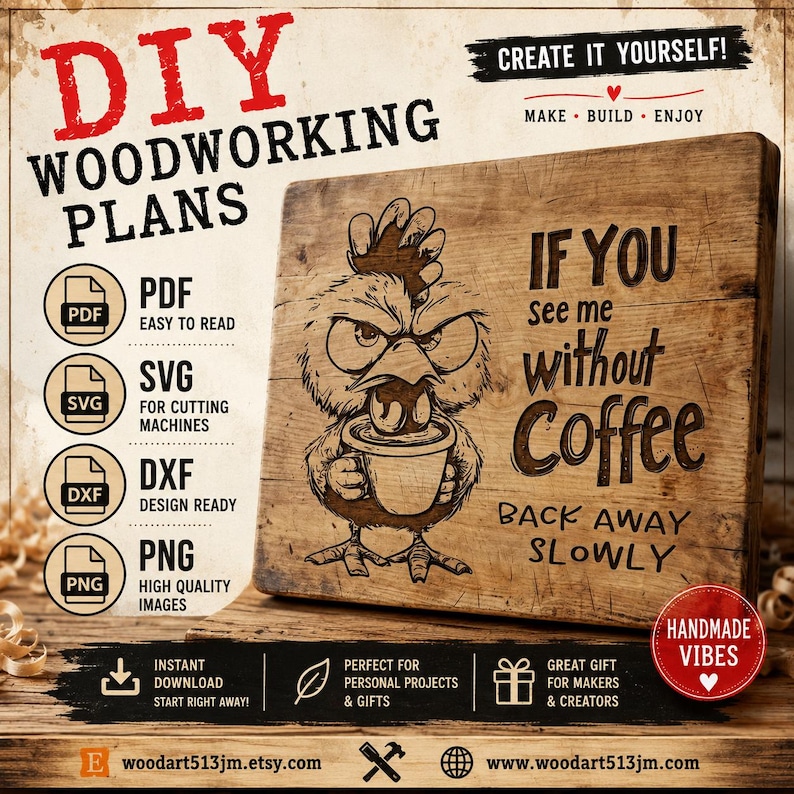 Rolig arg kycklingkaffe SvG-paket | CNC-lasergraveringsdesign | Skärbrädesmönster | PNG DXF PDF-filer | Köksinredning i lantlig stil bild 3