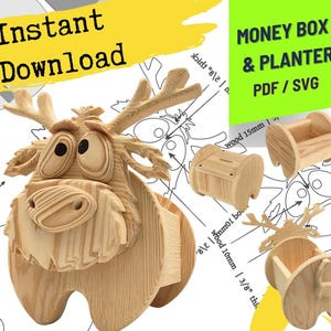 May include: A wooden money box and planter featuring a cartoon reindeer design. The digital file set includes PDF and SVG formats for construction. The reindeer has large eyes, antlers, and a snout, with visible wood grain texture throughout the pieces.