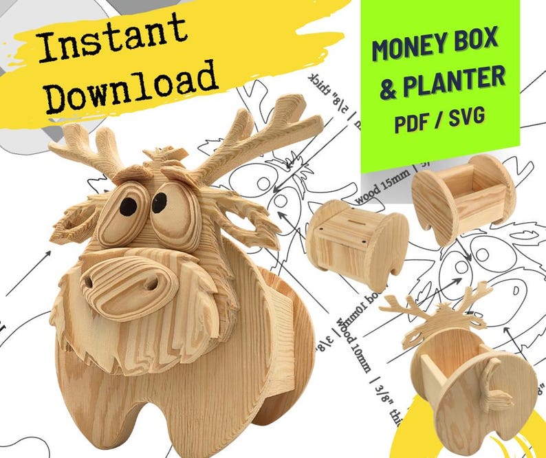 May include: A wooden money box and planter featuring a cartoon reindeer design. The digital file set includes PDF and SVG formats for construction. The reindeer has large eyes, antlers, and a snout, with visible wood grain texture throughout the pieces.