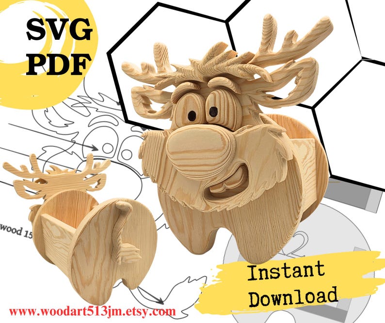 May include: A light-colored wooden reindeer-shaped organizer with large eyes, antlers, and a hollow back section. The image includes text reading SVG, PDF, and Instant Download, along with a line drawing of the reindeer and a website URL.